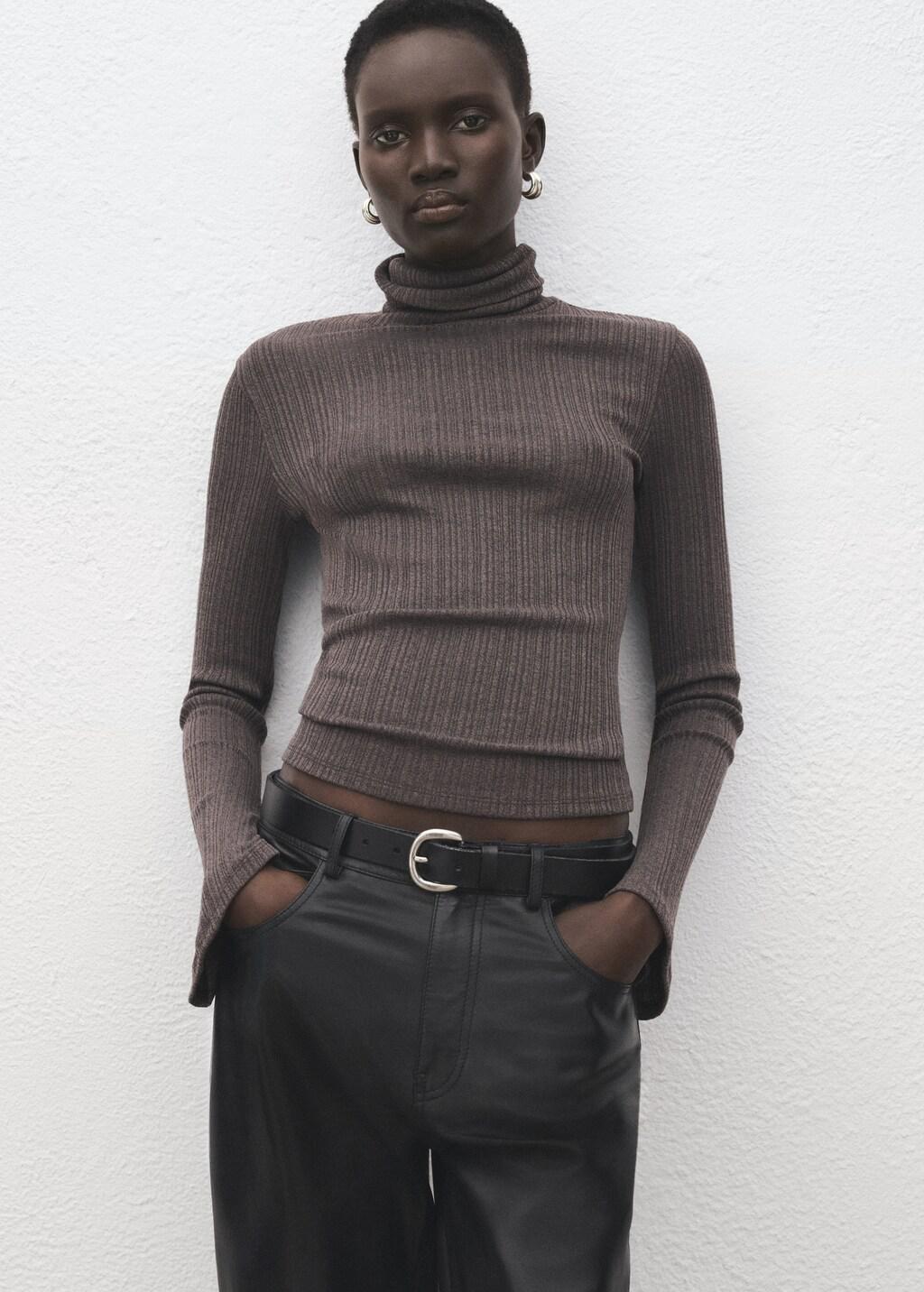 Brown Turtleneck Sweater With Flared Sleeves, Medium Brown, large image number 3