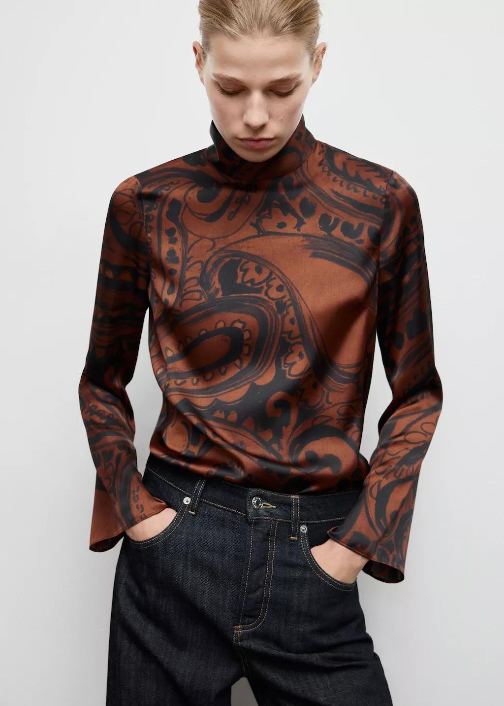 Orange Paisley-Print Satin Blouse, Medium Orange, large image number 3
