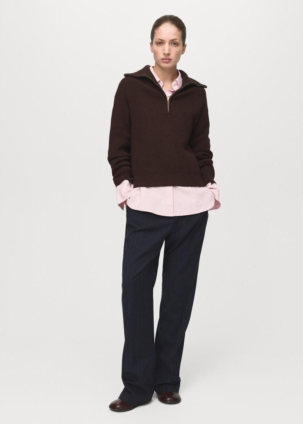 Brown Sweater With Contrasting Zip Collar, Dark Brown, large image number 0