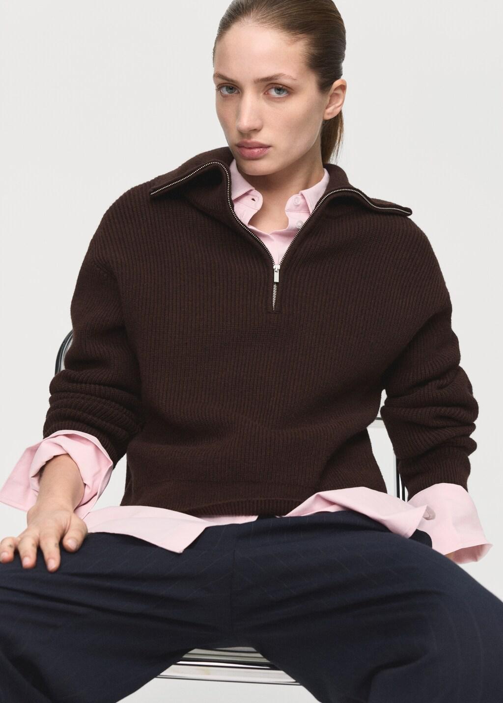 Brown Sweater With Contrasting Zip Collar, Dark Brown, large image number 3