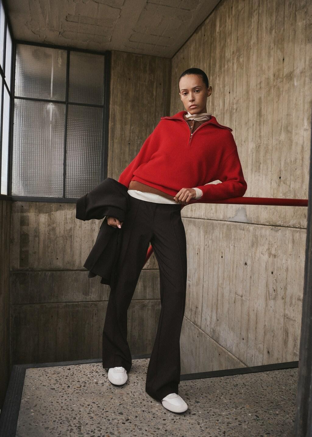 Red Sweater With Contrasting Zip Collar, Red, large image number 0