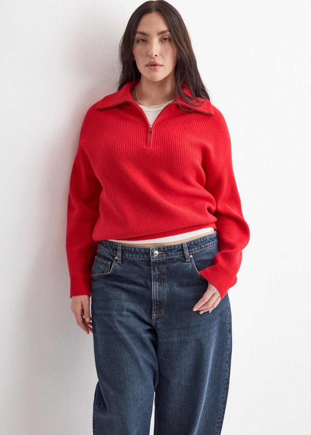 Red Sweater With Contrasting Zip Collar, Red, large image number 6
