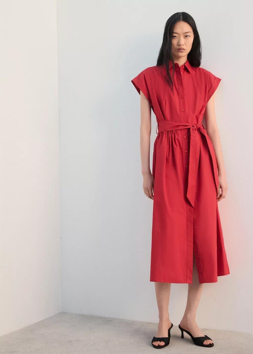 Khaki Belt Shirt Dress, Red, large image number 0