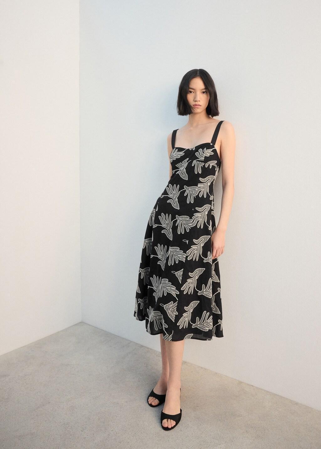 Black Floral Embroidery Dress, Black, medium