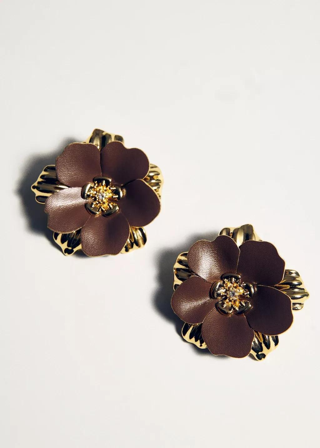 Brown Metal Flower Earrings, Brown, large image number 1