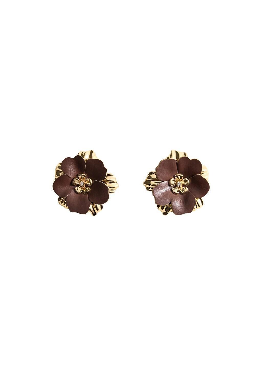 Brown Metal Flower Earrings, Brown, large image number 2