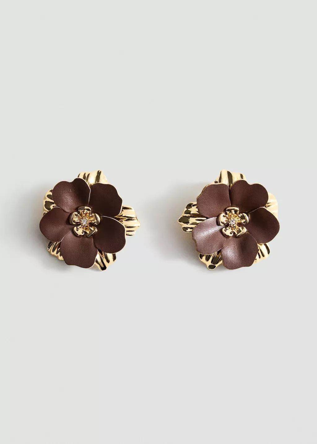 Brown Metal Flower Earrings, Brown, large image number 3
