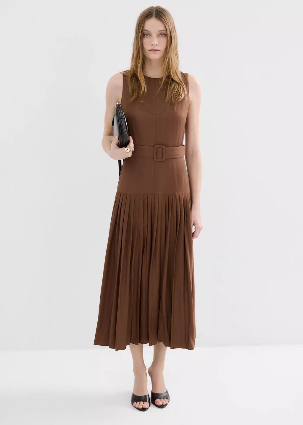 Brown Pleated A-Line Dress, 0201_30, medium