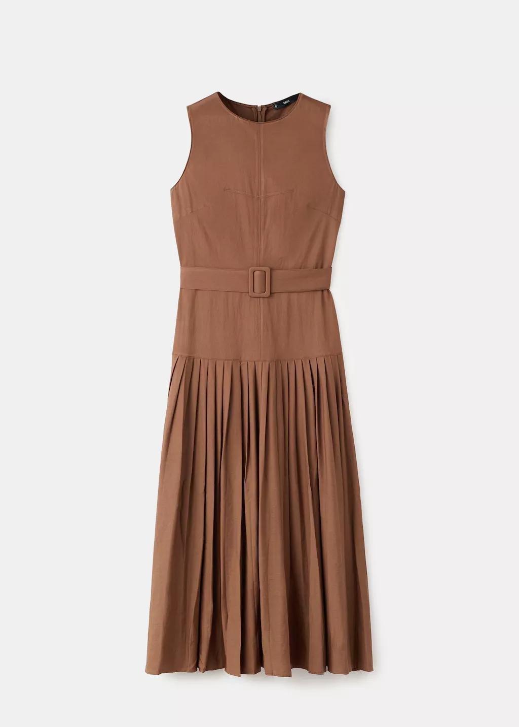 Brown Pleated A-Line Dress, 0201_30, large image number 7