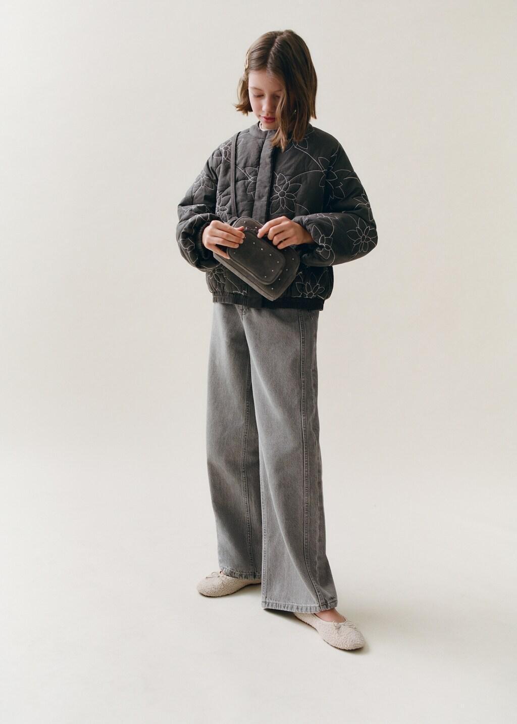 Grey Wide Leg Jeans With Studs, Kids Girls, Open Grey, large image number 4