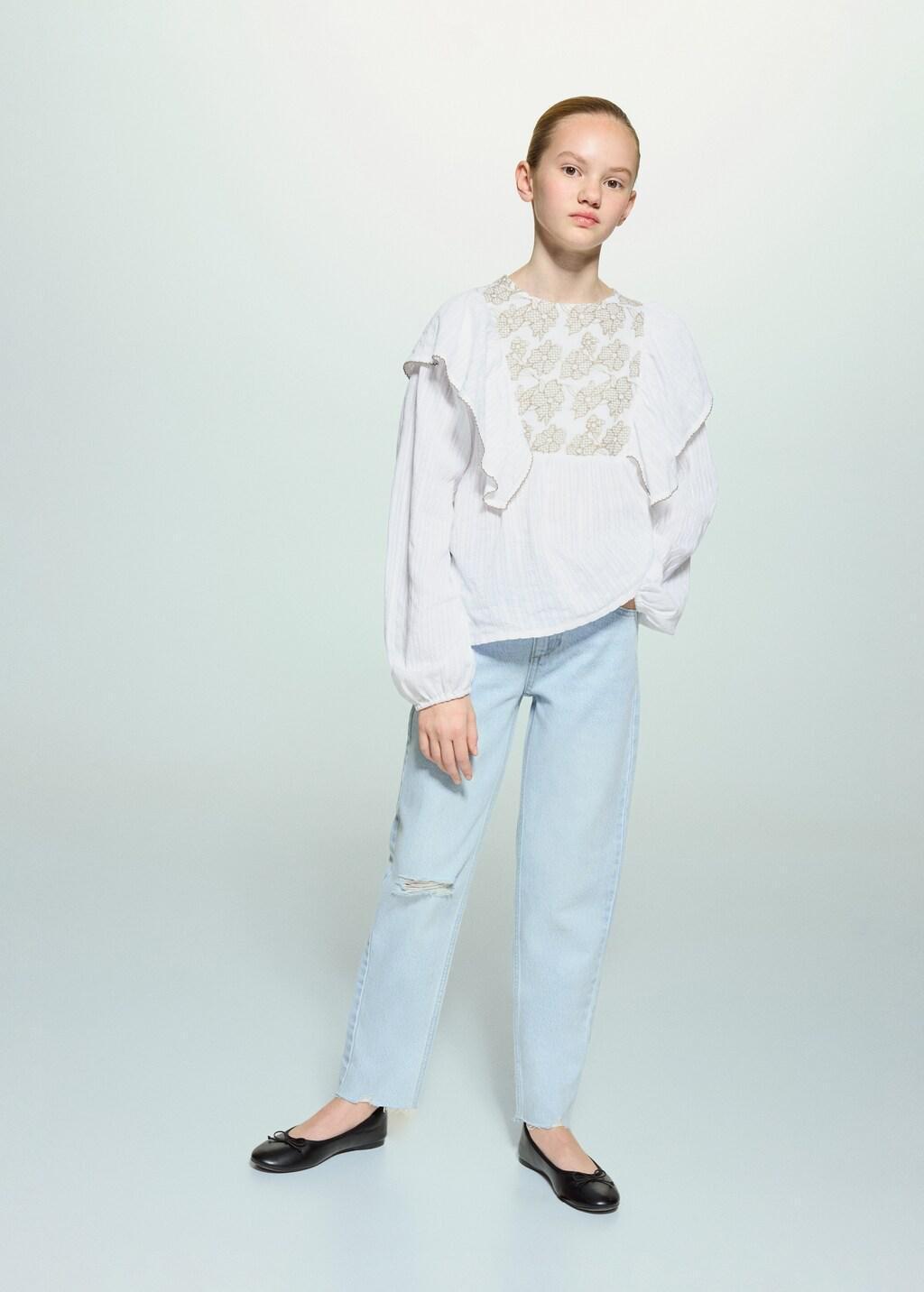 White Cotton Blouse With Floral Embroidery, Kids Girls, Natural White, medium