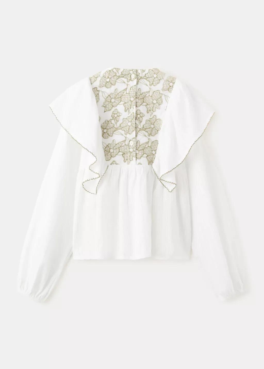 White Cotton Blouse With Floral Embroidery, Kids Girls, Natural White, medium