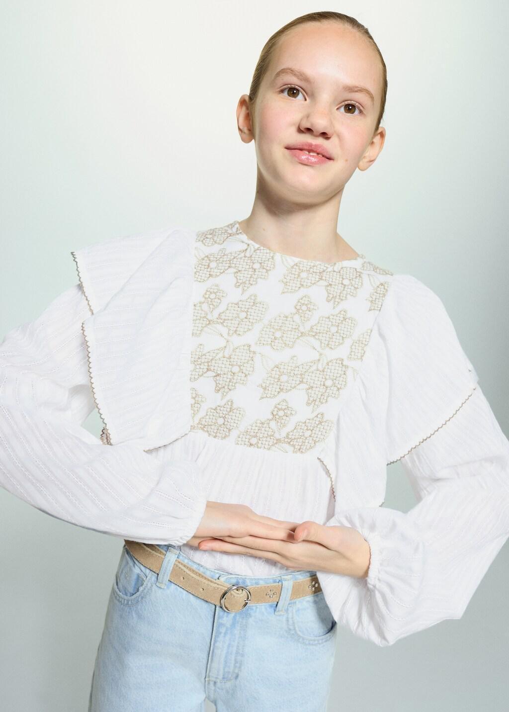 White Cotton Blouse With Floral Embroidery, Kids Girls, Natural White, large image number 3