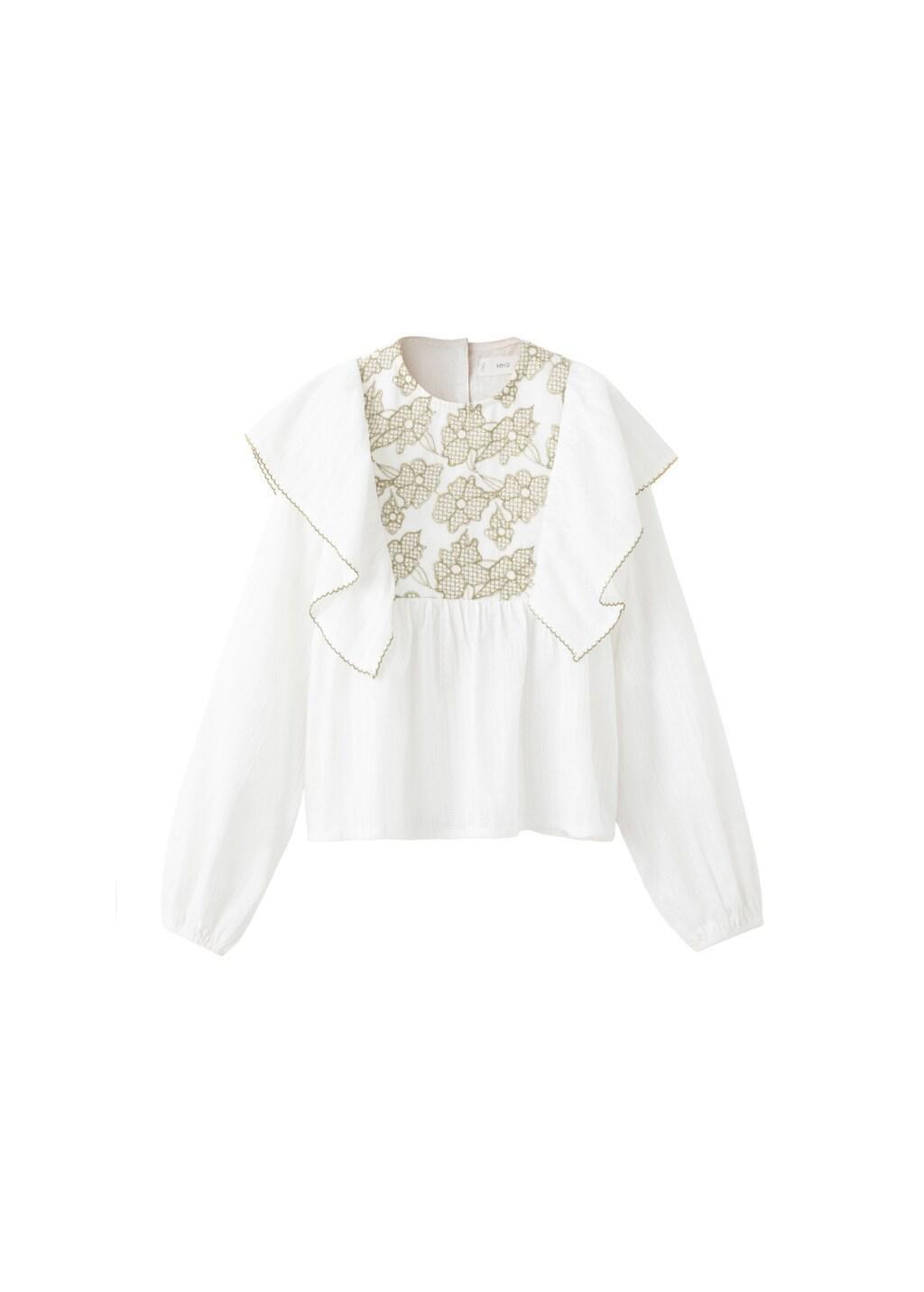 White Cotton Blouse With Floral Embroidery, Kids Girls, Natural White, large image number 5