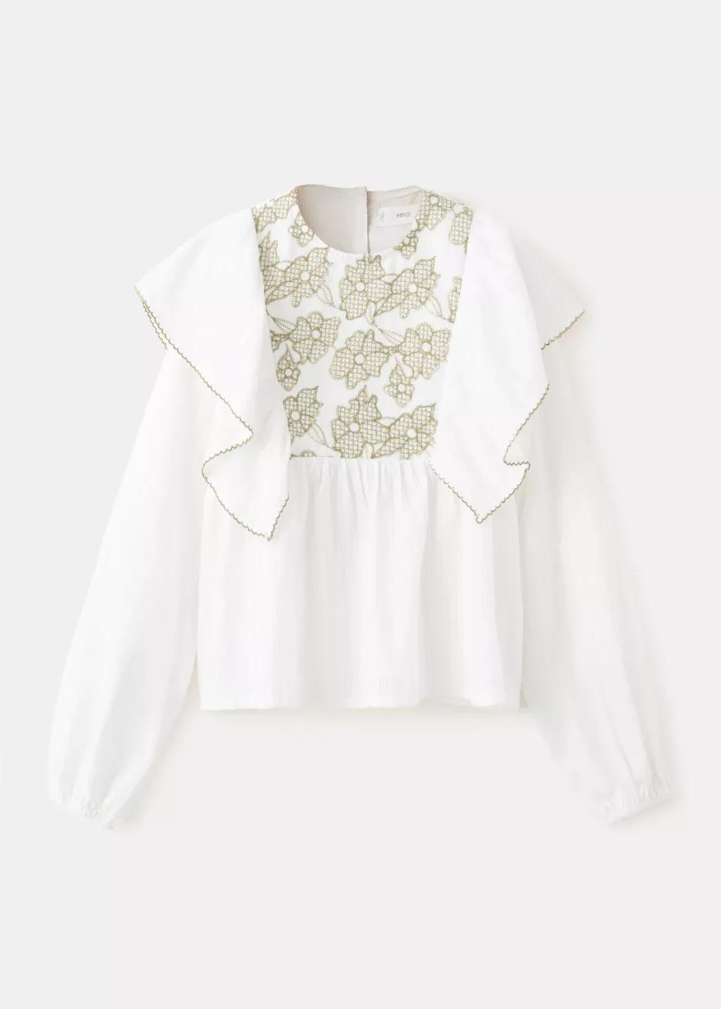 White Cotton Blouse With Floral Embroidery, Kids Girls, Natural White, large image number 6