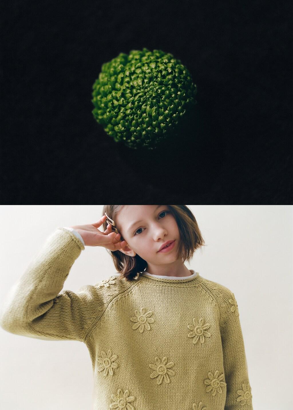 Green Flowers Knit Sweater, Kids Girls, Dark Green, large image number 3