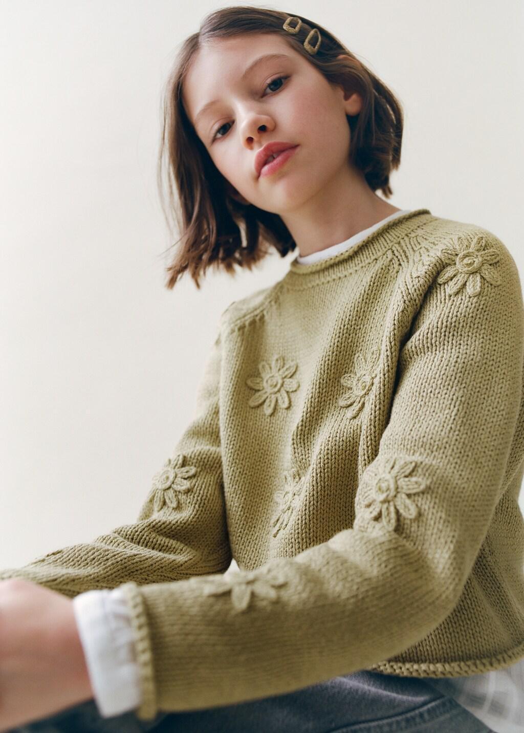 Green Flowers Knit Sweater, Kids Girls, Dark Green, large image number 4