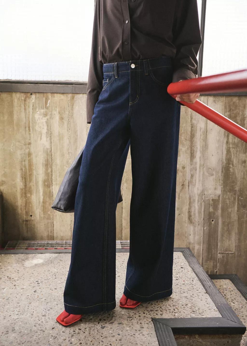 Blue Wide Leg Mid-Rise Jeans, Open Blue, large image number 3