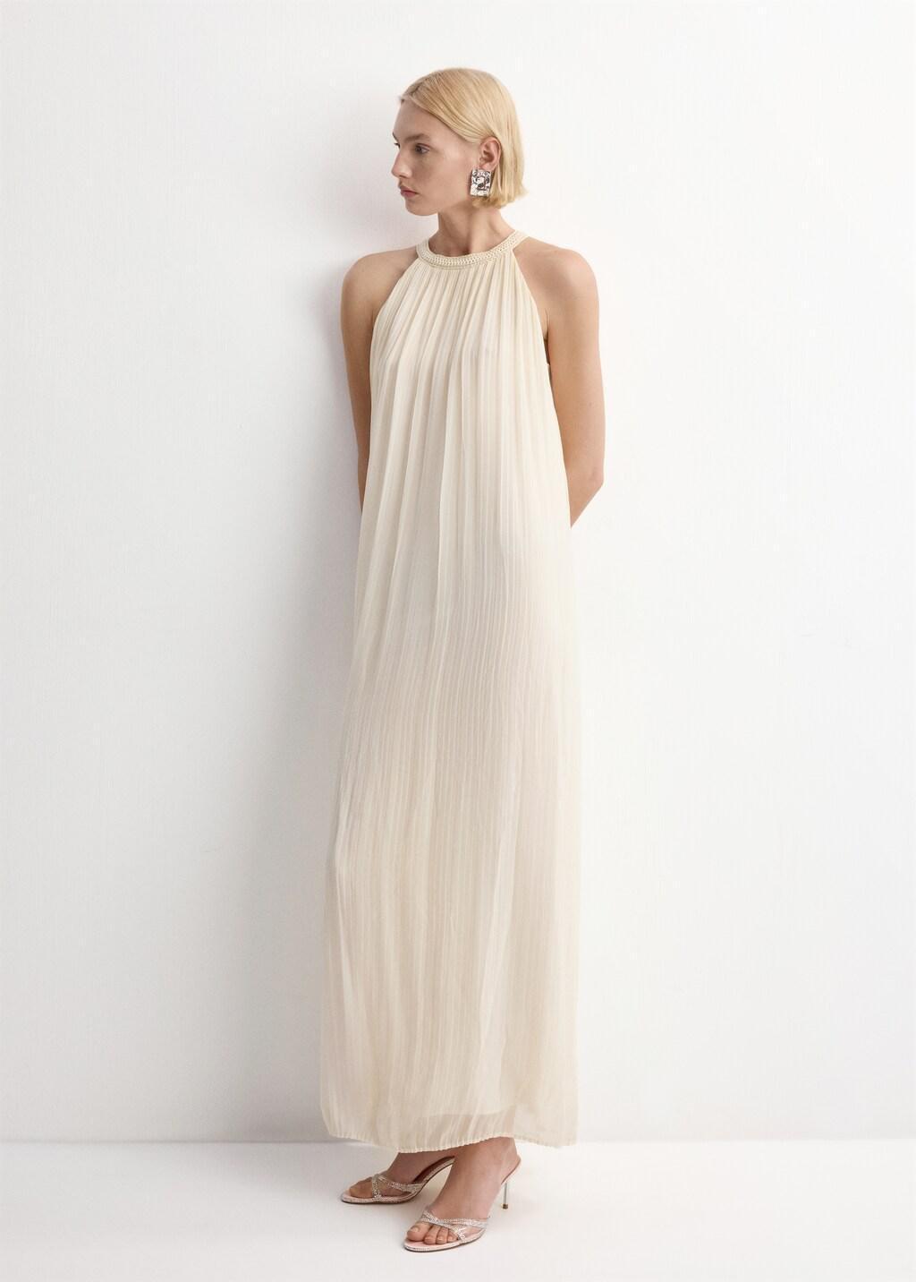 Beige Flared Halter Neck Dress, Light Beige, medium