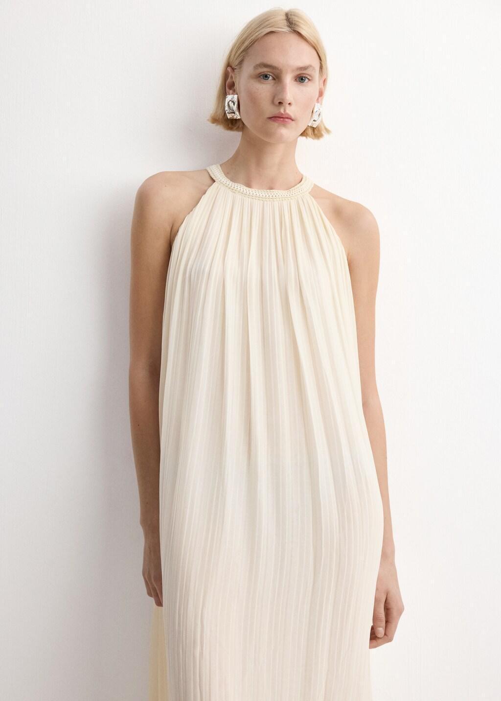 Beige Flared Halter Neck Dress, Light Beige, large image number 6