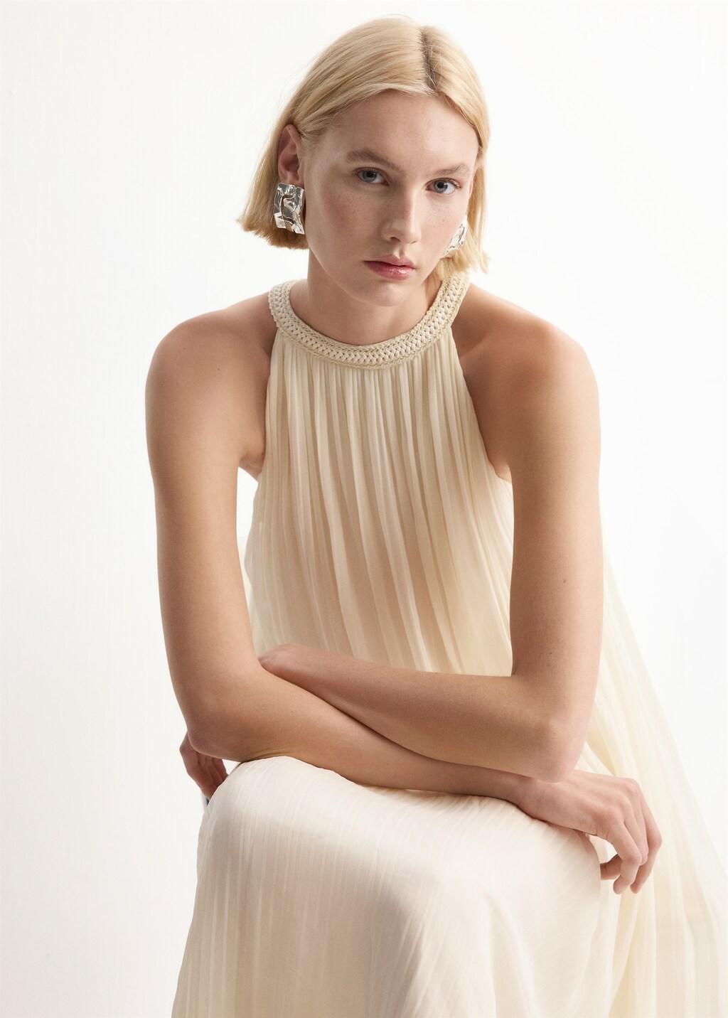 Beige Flared Halter Neck Dress, Light Beige, large image number 8