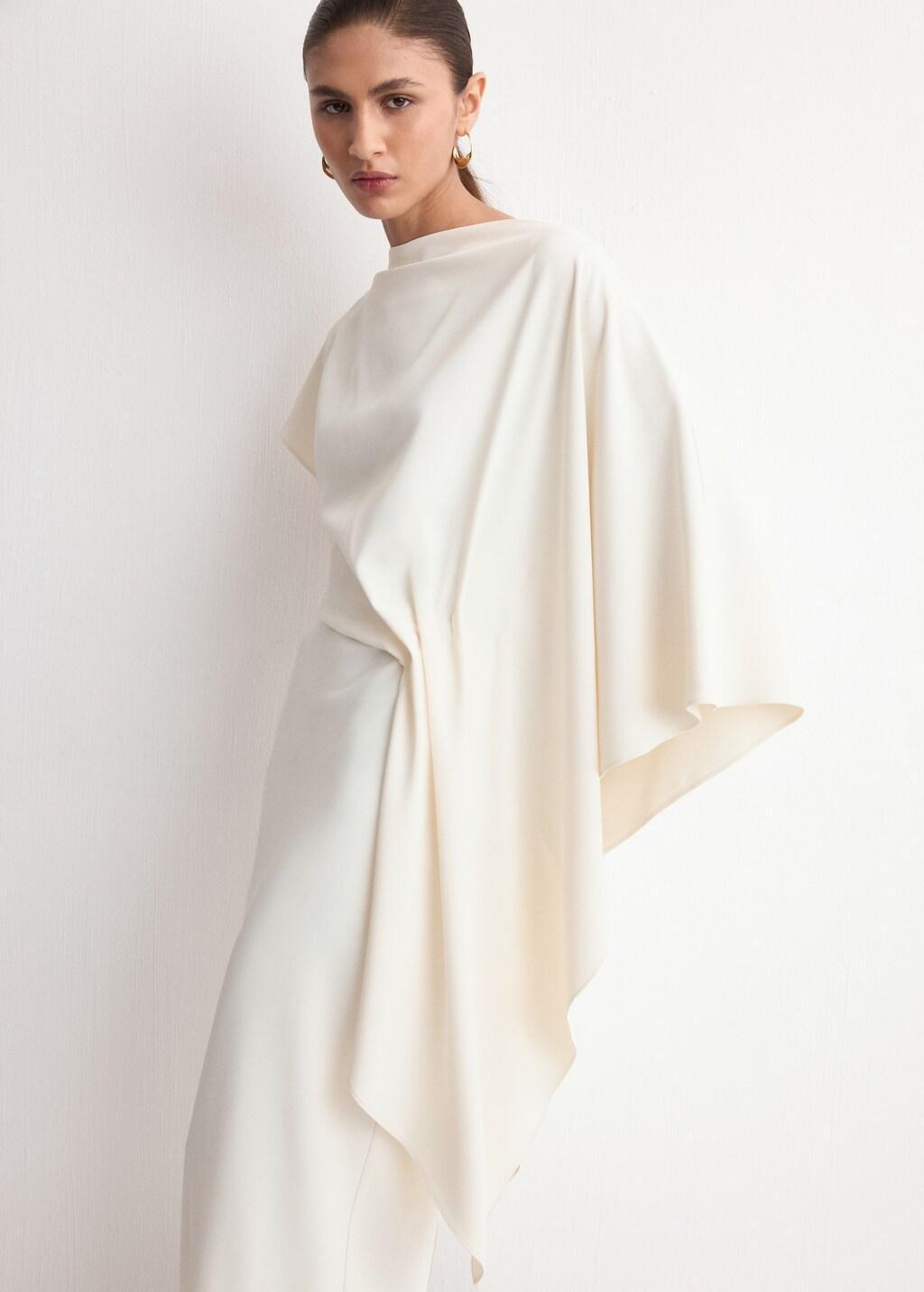 Beige A-Line Dress With Asymmetrical Neckline, Light Beige, large image number 3