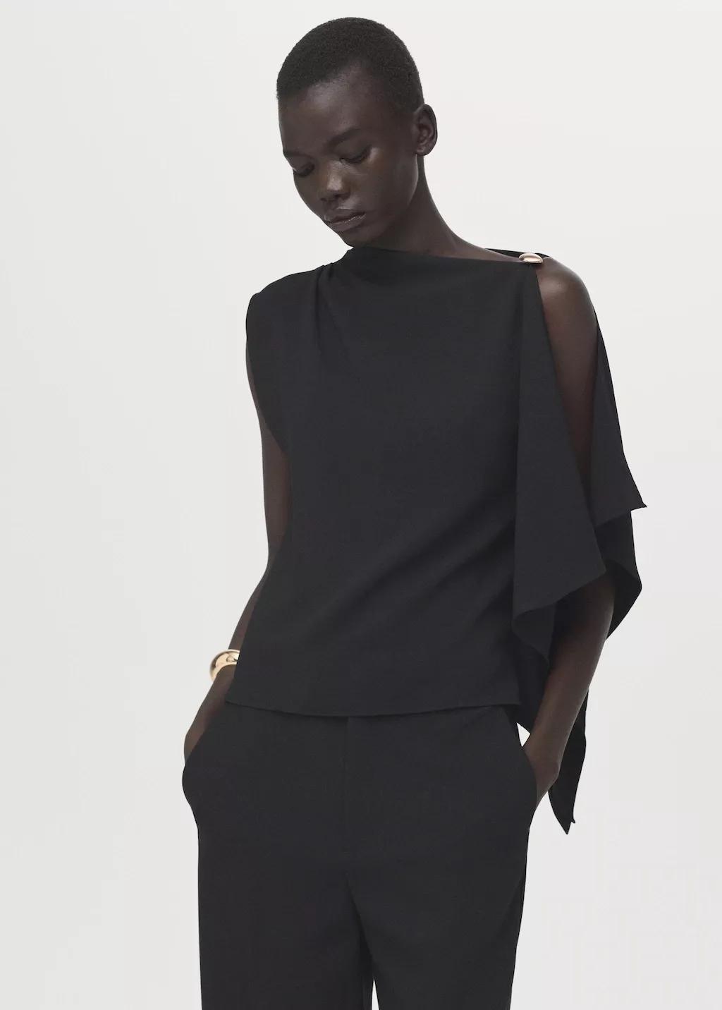 Black Blouse With Asymmetrical Neckline, Black, large image number 3