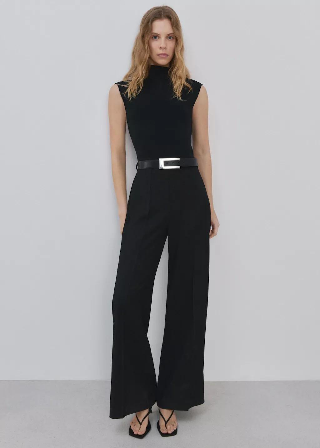 Black Contrast-Bodice Long Jumpsuit, Black, medium