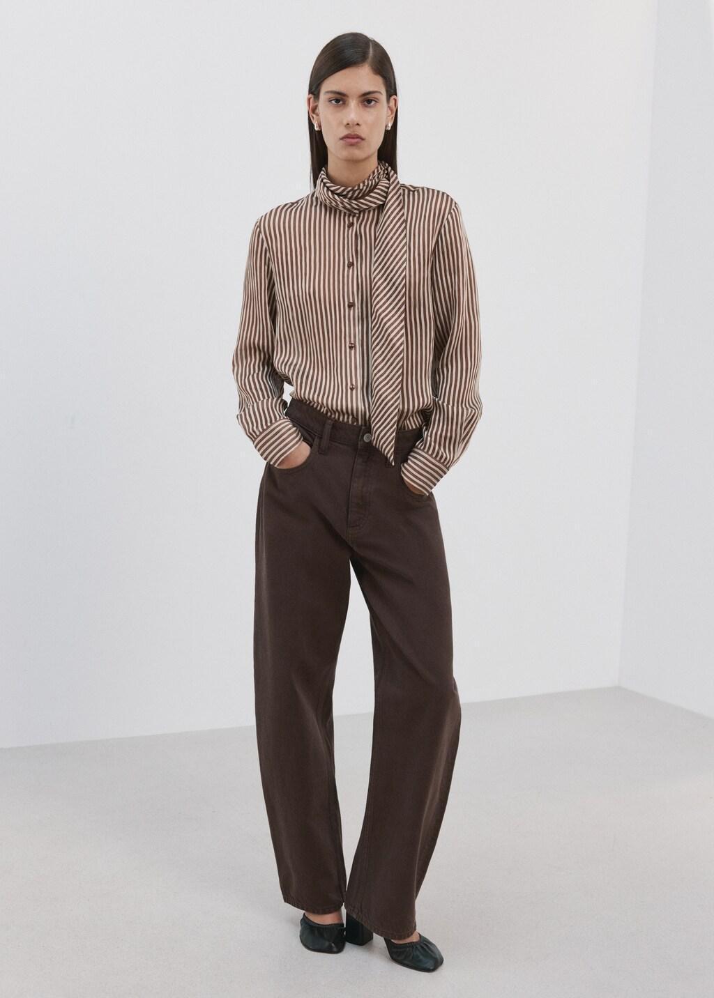 Brown Striped Blouse With Bow Tie Neck, Brown, large image number 0