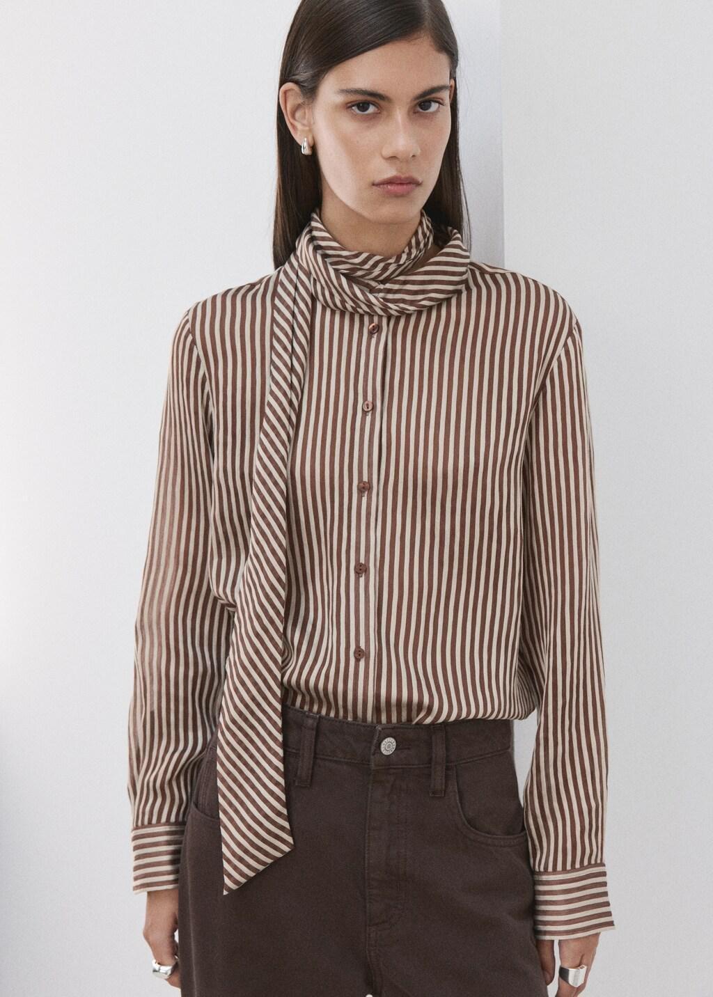 Brown Striped Blouse With Bow Tie Neck, Brown, large image number 3