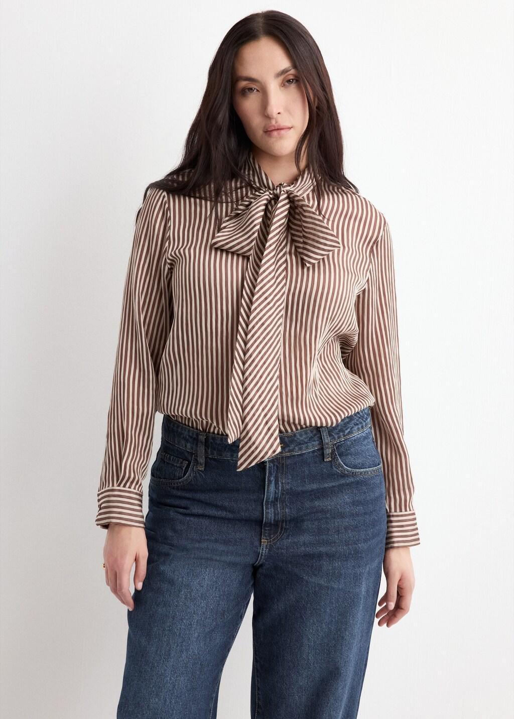 Brown Striped Blouse With Bow Tie Neck, Brown, large image number 6