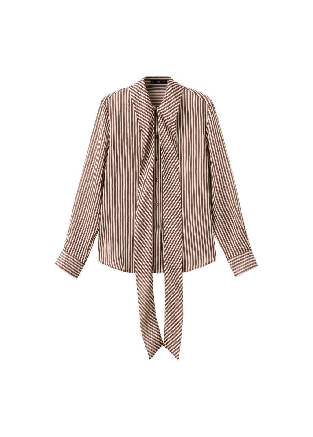 Brown Striped Blouse With Bow Tie Neck, Brown, large image number 7