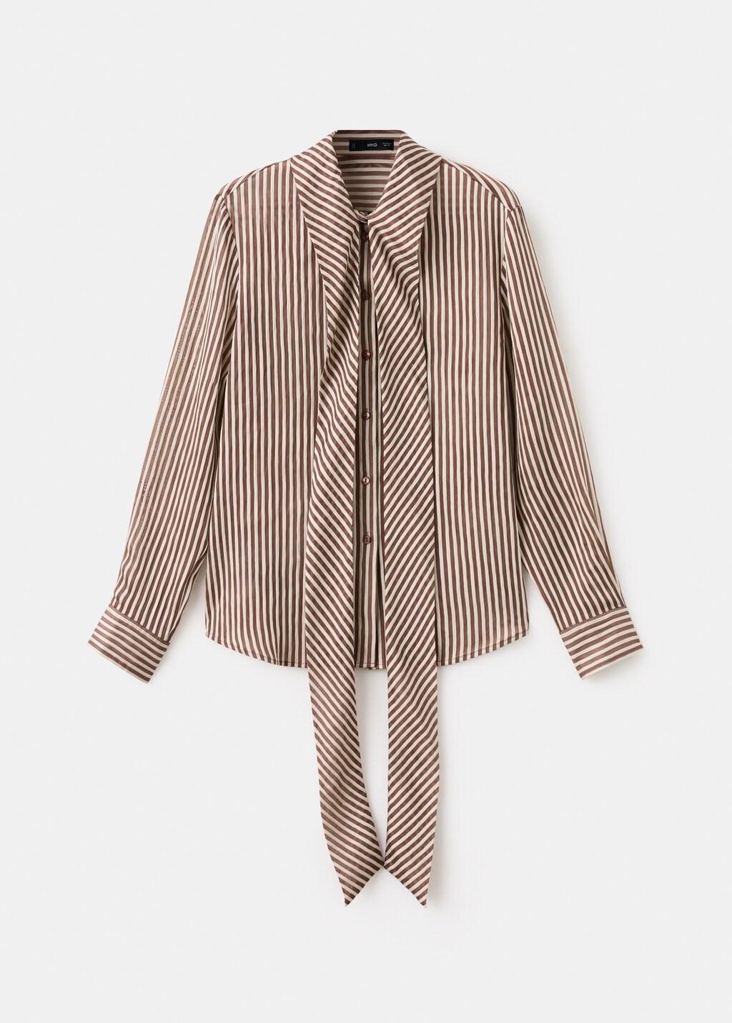 Brown Striped Blouse With Bow Tie Neck, Brown, large image number 8