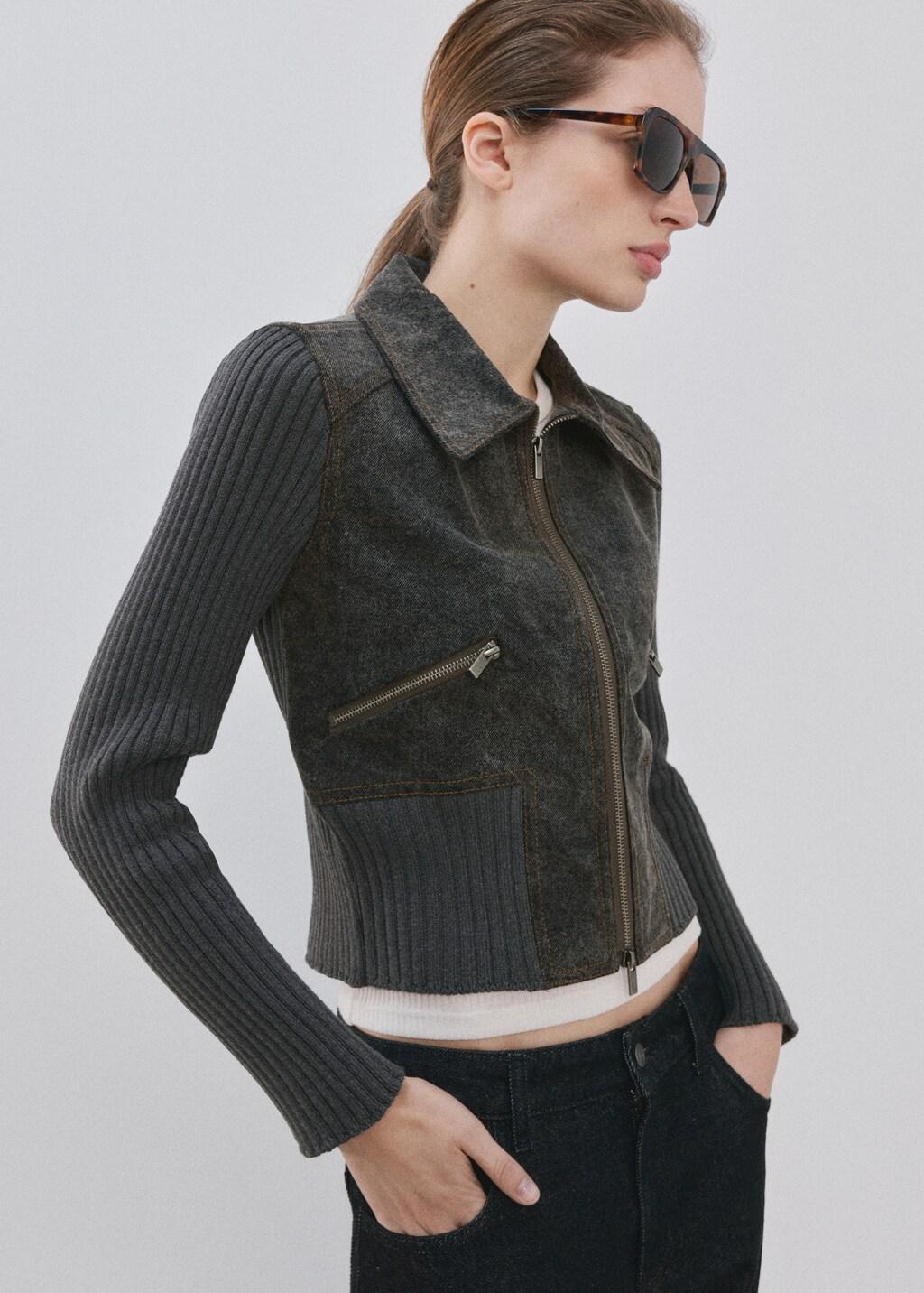 Grey Knitted Jacket With Combined Fabrics, Charcoal, large image number 3