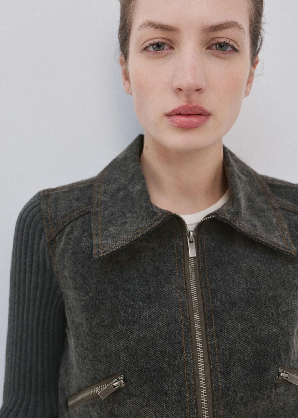 Grey Knitted Jacket With Combined Fabrics, Charcoal, large image number 4