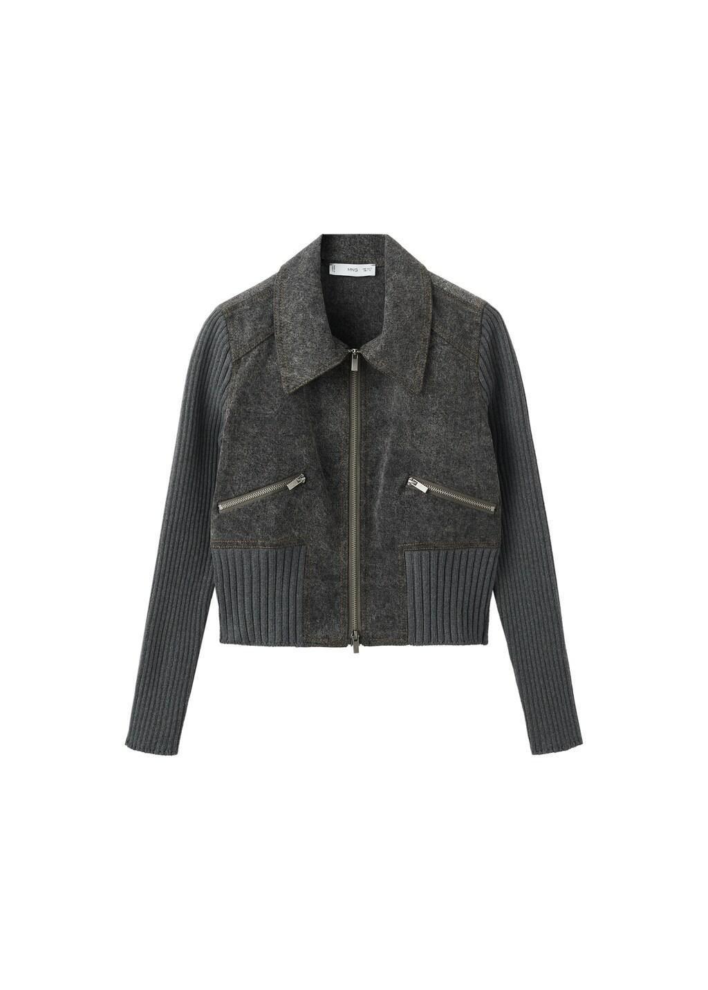 Grey Knitted Jacket With Combined Fabrics, Charcoal, large image number 6