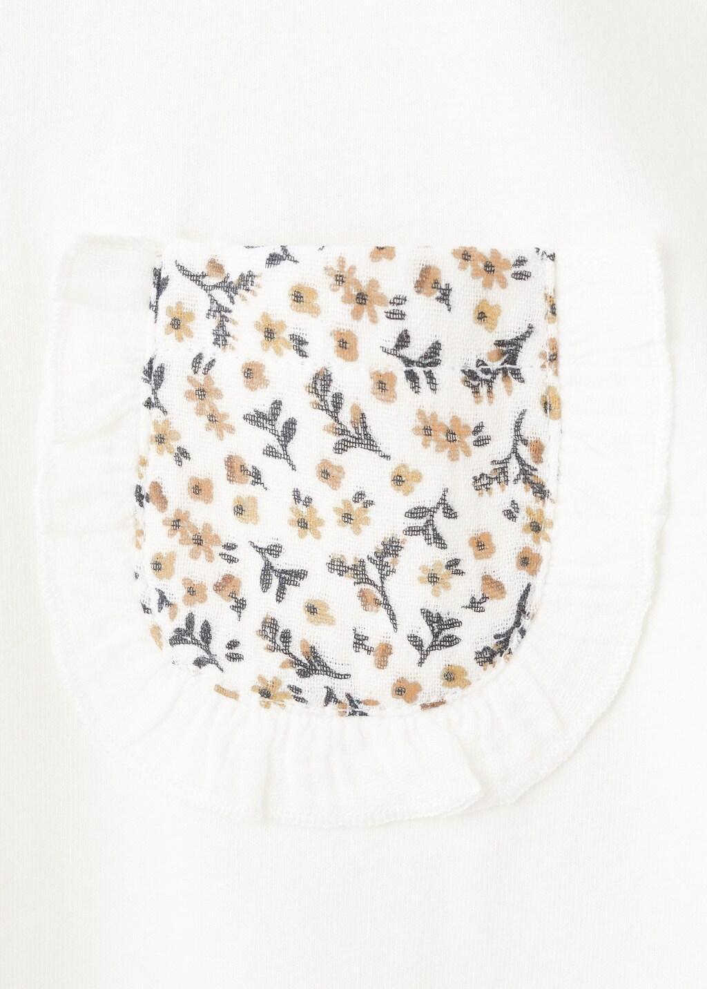 White Cotton T-Shirt With Embroidered Pocket, Baby Girl, Natural White, large image number 0