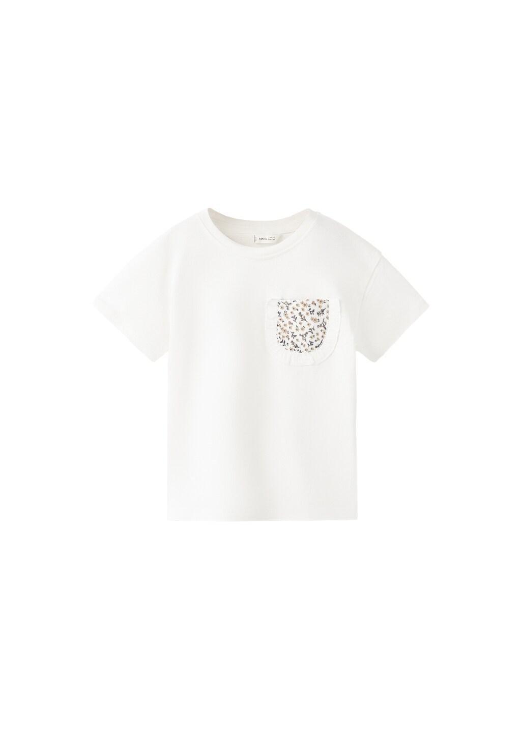 White Cotton T-Shirt With Embroidered Pocket, Baby Girl, Natural White, large image number 3