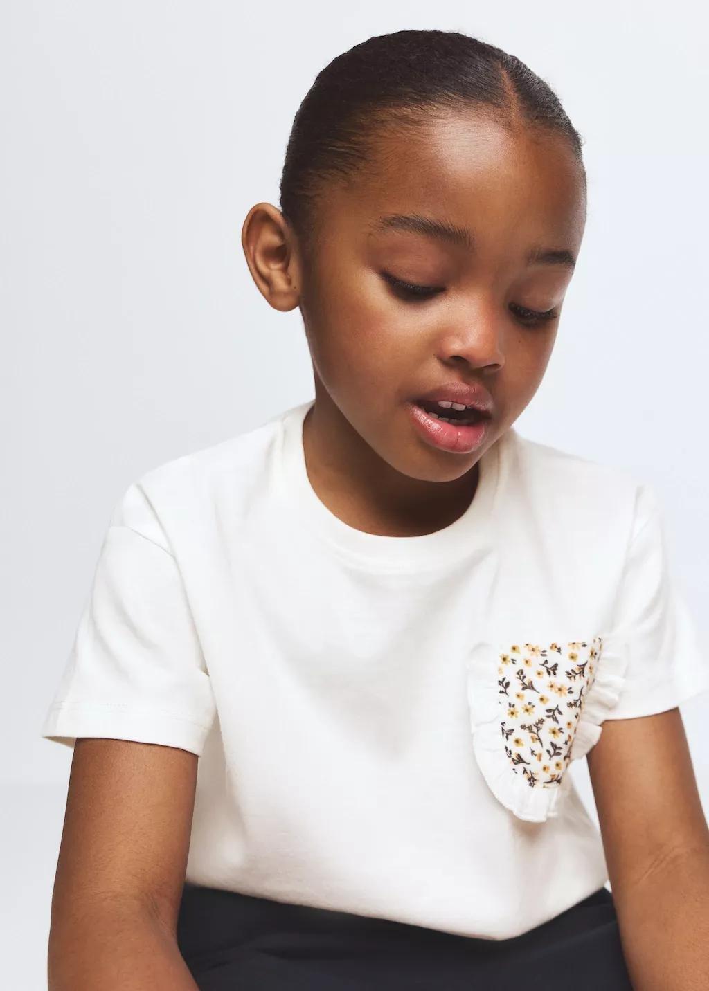 White Cotton T-Shirt With Embroidered Pocket, Baby Girl, Natural White, large image number 3