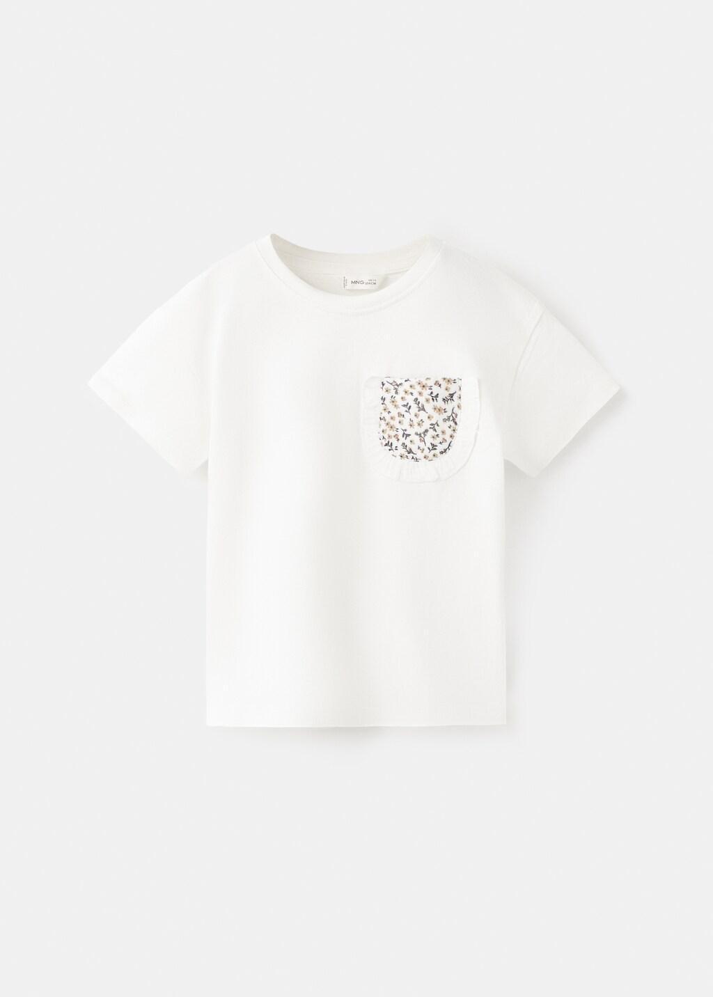 White Cotton T-Shirt With Embroidered Pocket, Baby Girl, Natural White, large image number 4