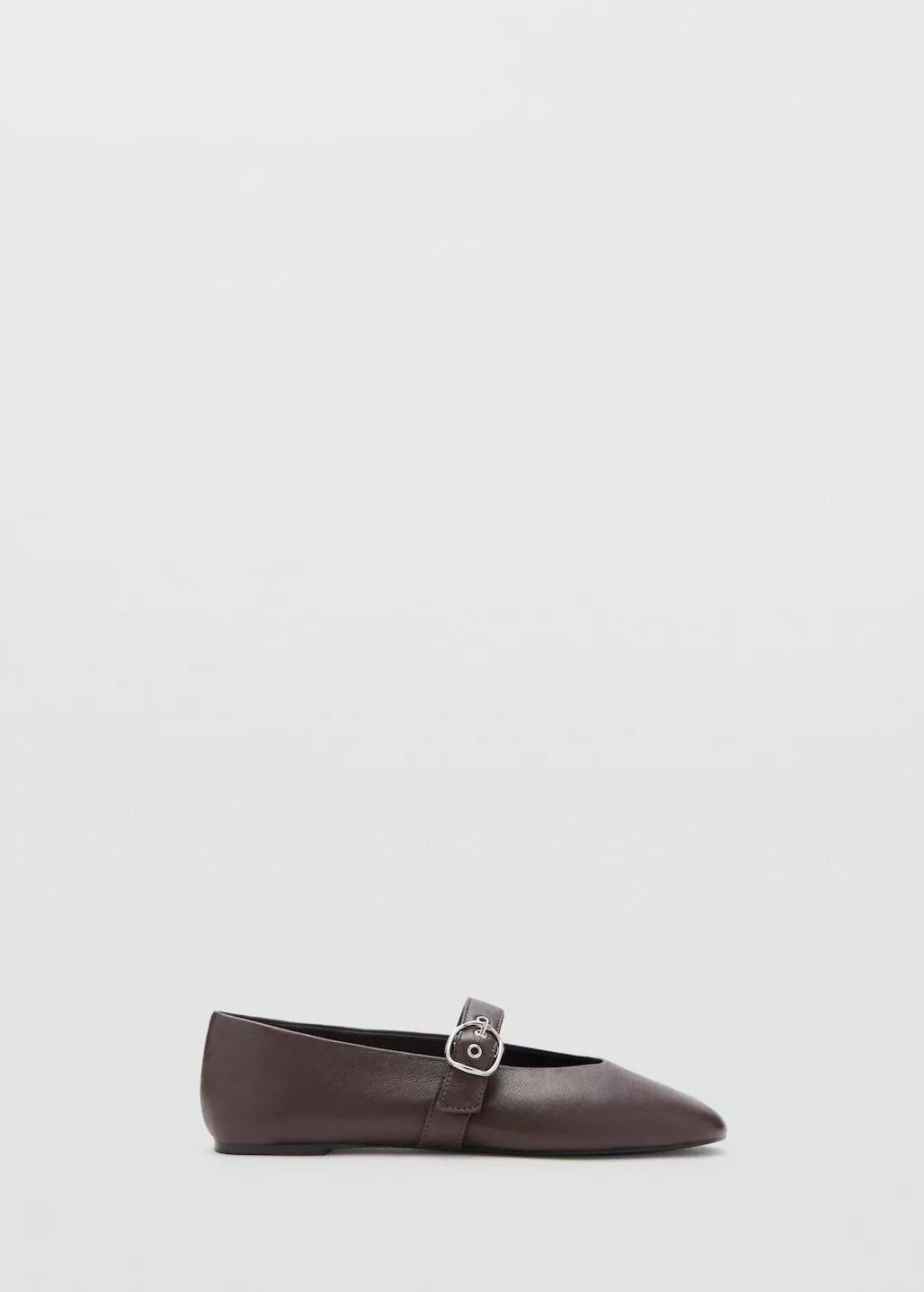 Brown Leather Ballerina With Strap And Buckle, 0201_32, large image number 3