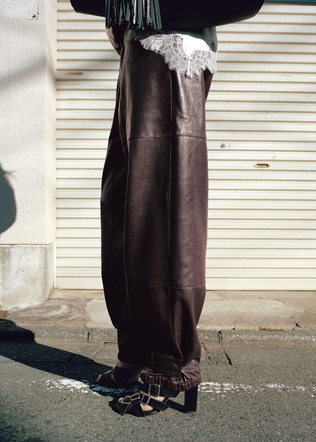 Red Buttoned Hem Leather Trousers, Dark Red, large image number 3