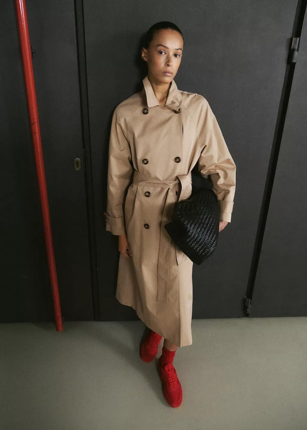 Beige Long Double-Breasted Trench Coat, Light Beige, large image number 0