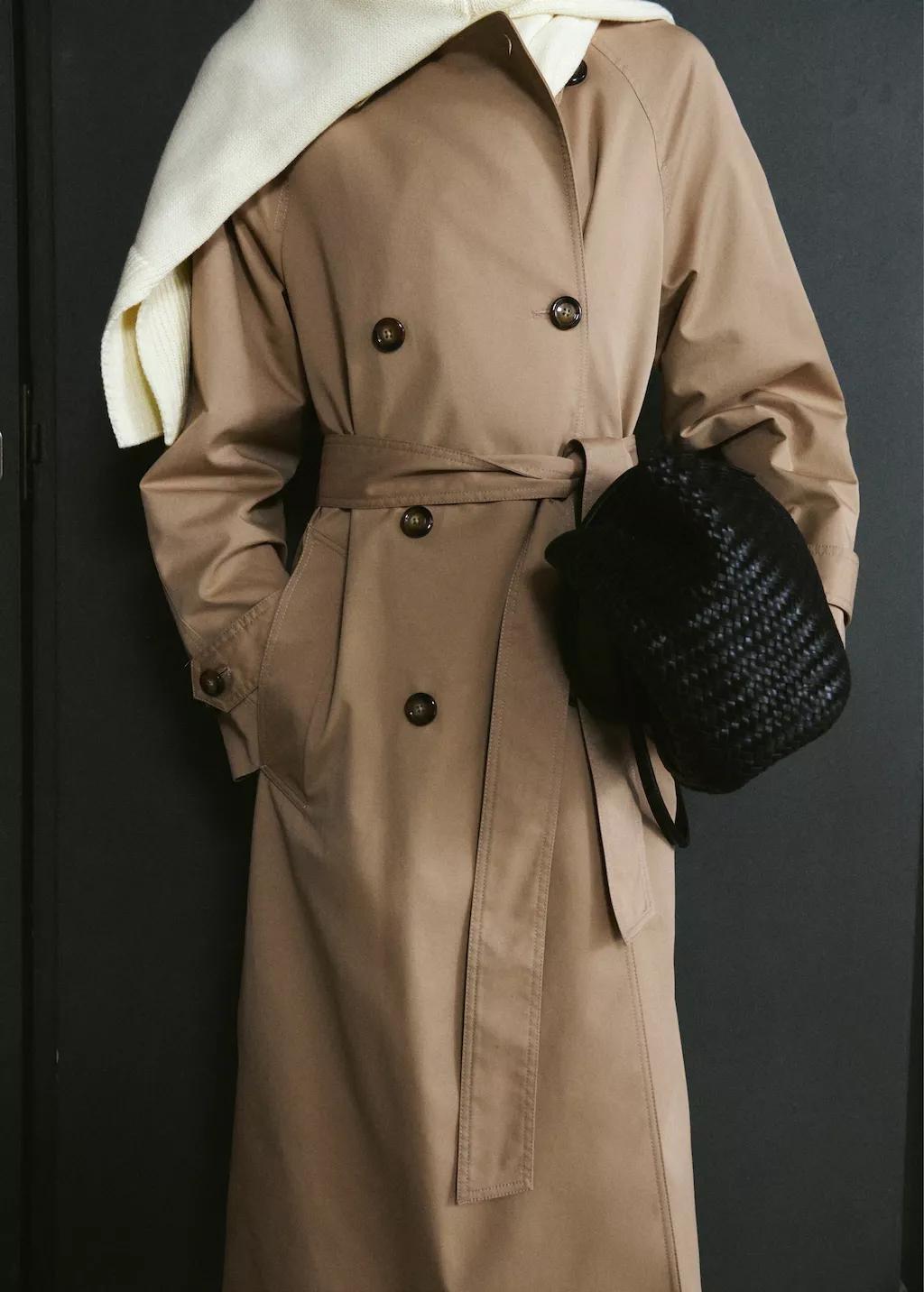 Beige Long Double-Breasted Trench Coat, Light Beige, large image number 3