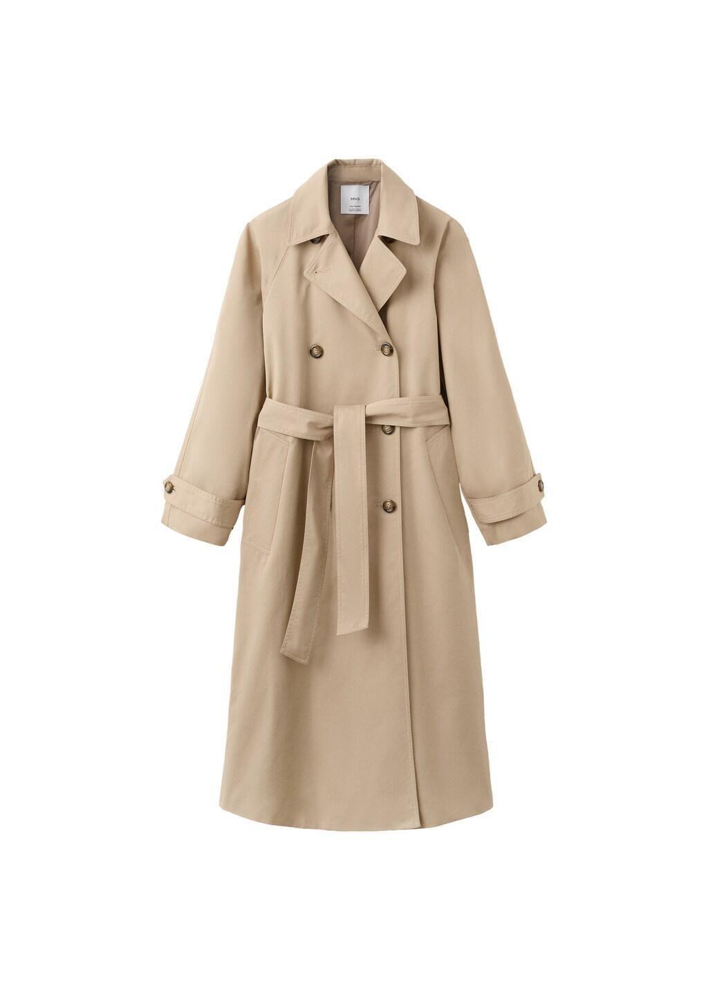 Beige Long Double-Breasted Trench Coat, Light Beige, large image number 6