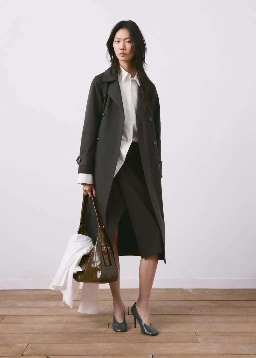 Brown Long Double-Breasted Trench Coat, Dark Brown, large image number 0