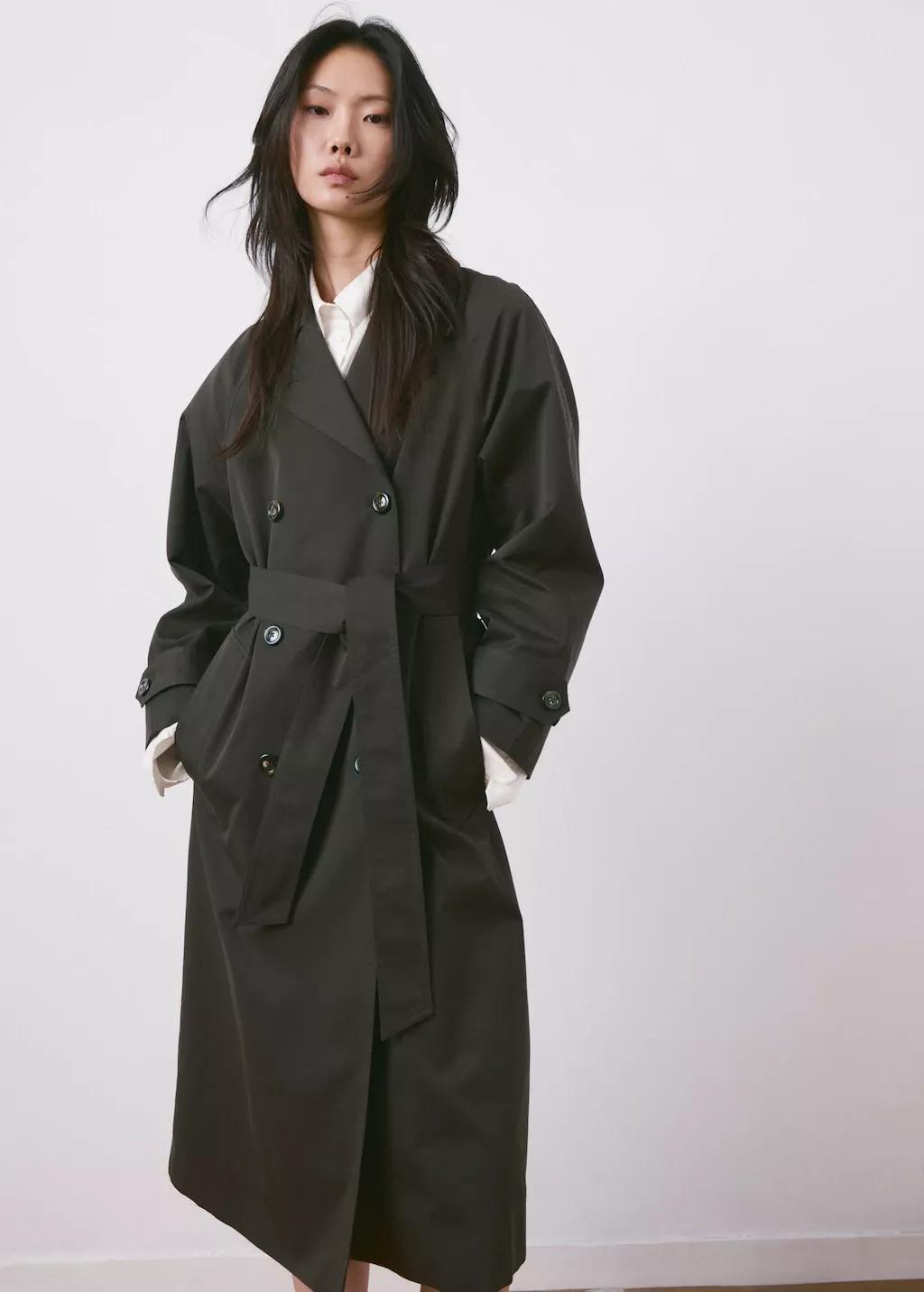 Brown Long Double-Breasted Trench Coat, Dark Brown, large image number 3