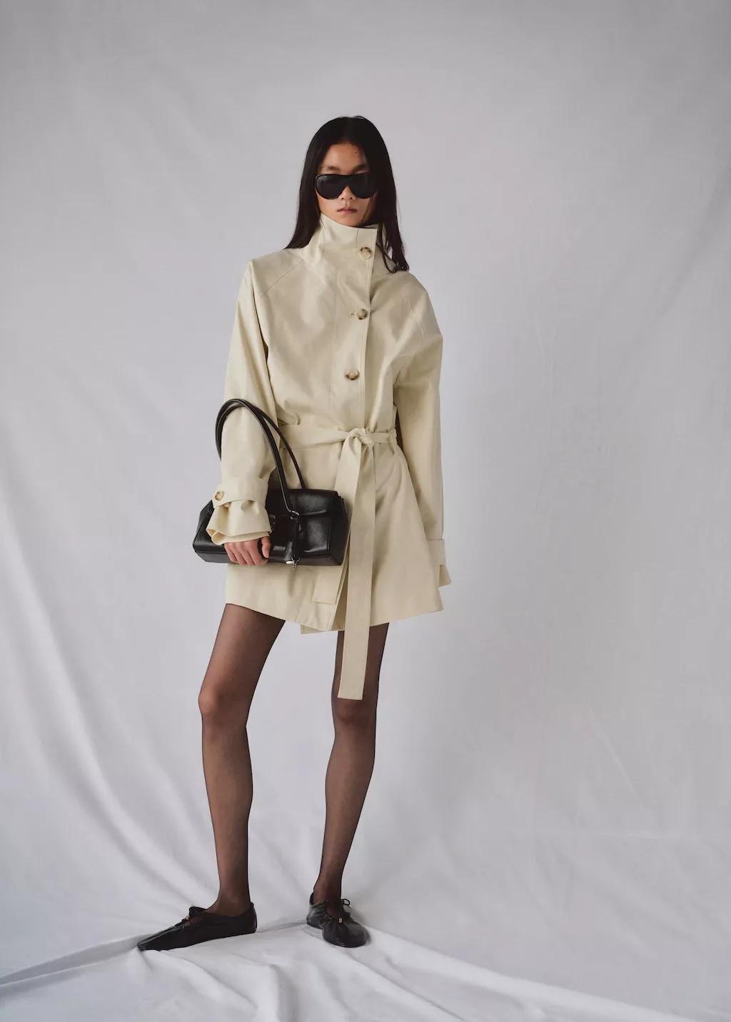 Beige Funnel Neck Belted Trench Coat, Light Beige, large image number 0