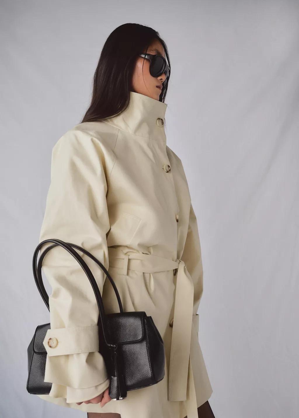 Beige Funnel Neck Belted Trench Coat, Light Beige, large image number 3
