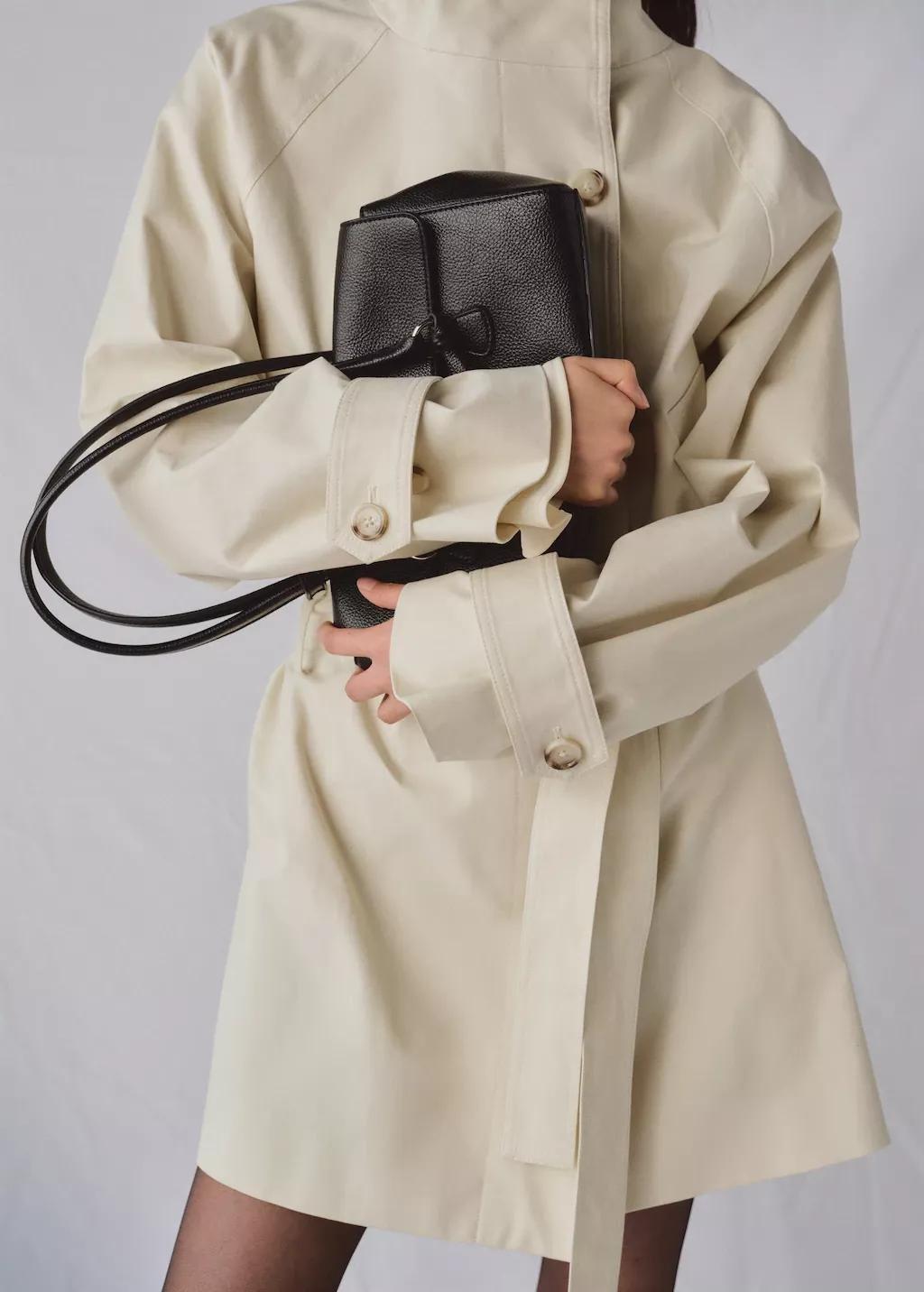 Beige Funnel Neck Belted Trench Coat, Light Beige, large image number 5